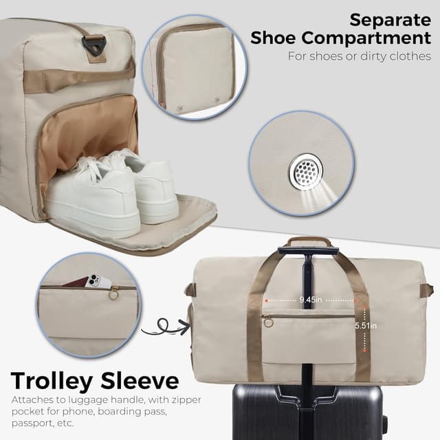 Detalle de Fmeida Reisetasche Groß (65L) faltbar mit Schuhfach – Handgepäck & Sporttasche in Beige