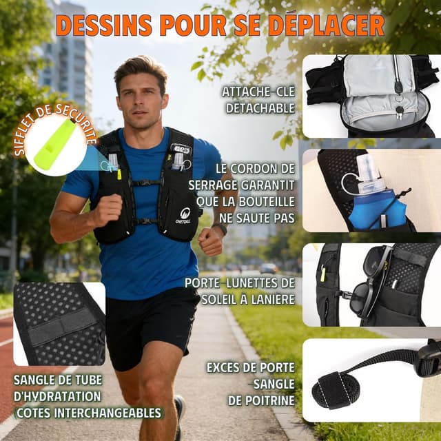Detalle de ONETOALL Gilet d’hydratation réfléchissant avec 2 gourdes pliables 500 ml