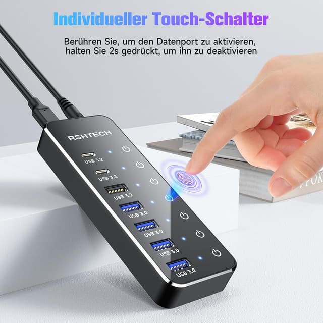 Detalle de RSHTECH RSH-ST07C USB-C 3.2 Hub Aktiv mit Netzteil (7 Ports, 10Gbps/5Gbps, Touch-Schalter)