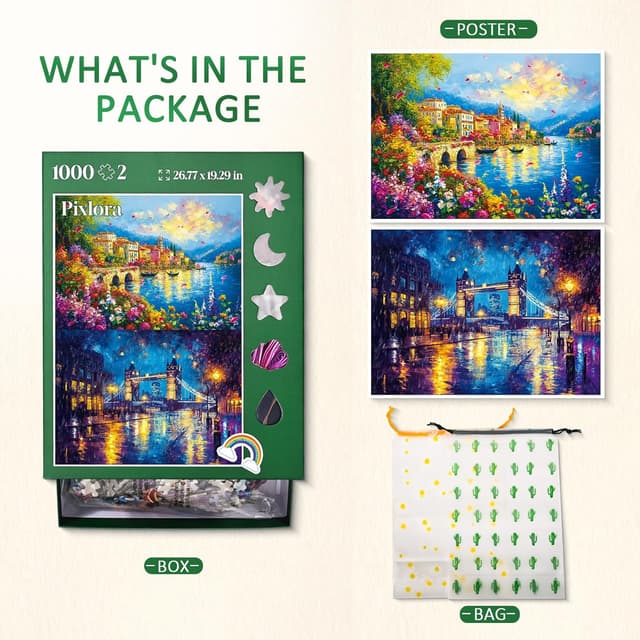 Detalle 2 de Pixlora Puzzles for Adults 1000 Pieces (2-Pack) — Garden Town & Darkness Theme Jigsaw Puzzles