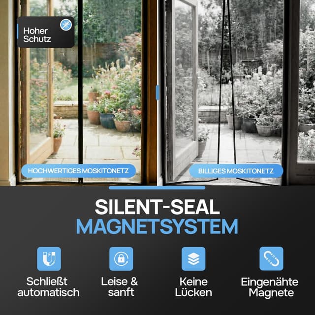 Detalle de DOOR EASY Fliegengitter Balkontür 130 x 210 cm mit Magnetvorhang – einbaufertige Türlösung ohne Bohren