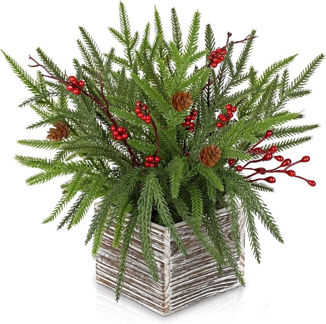 Detalle de Arborus künstliche Weihnachtspflanze im Topf – rustikale Tischdeko mit Tannenzapfen, Beeren & Holzschale