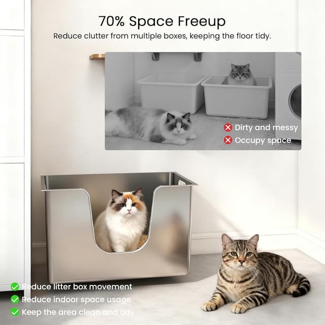 Detalle de PTLOM Stainless Steel Cat Litter Tray (High Sides, Low Entry) with Wheels – L 58x38x30cm