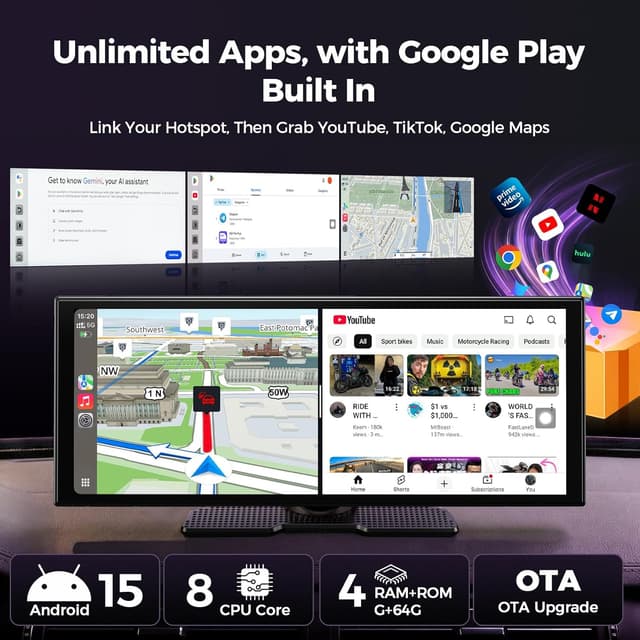 Detalle de LAMTTO 11 Zoll Wireless CarPlay & Android Auto Display mit Gemini AI, Android 15 (4+64GB) und 1080P Rückfahrkamera