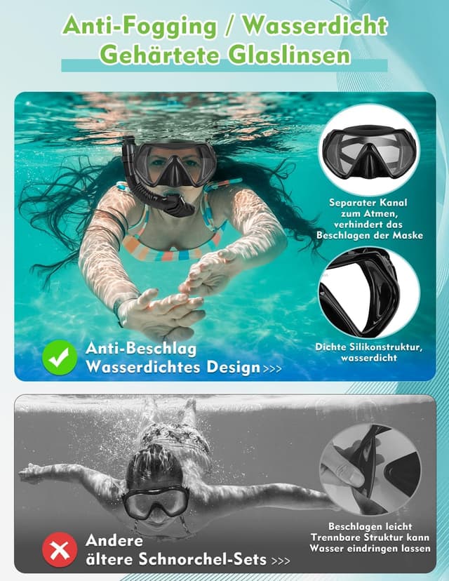 Detalle de Hydomi Erwachsenen-Schnorchelset mit Anti-Fog Taucherbrille (180° Panorama) und Dry-Top 3-Kanal System
