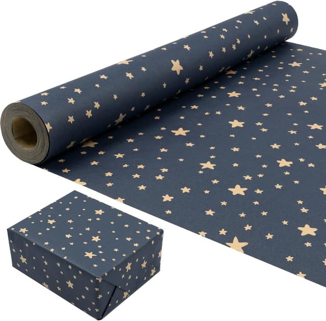 Detalle de ZHNERY Recyclable Kraft Gift Wrapping Paper Roll for Birthday in Blue with Star Design (43cm x 15M)