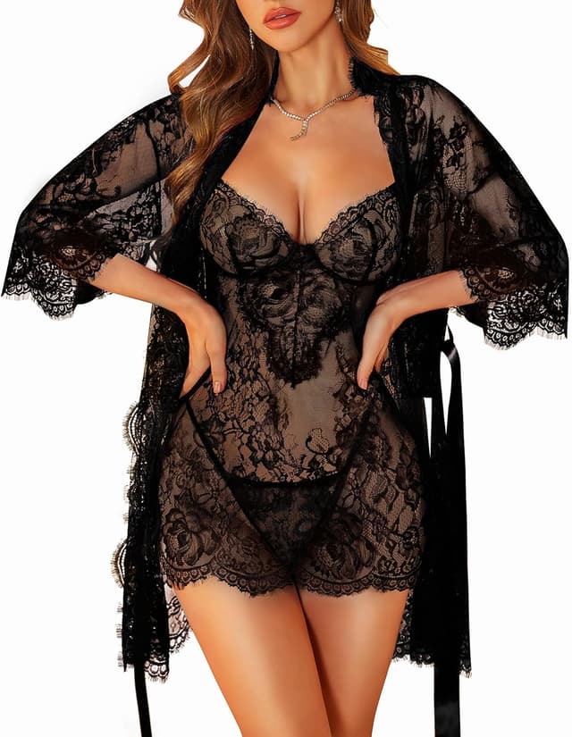 Detalle de RSLOVE Women’s Lace Robe Chemise & Matching Panties 3-Piece Set