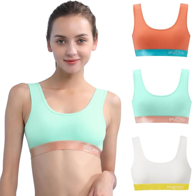 Detalle de INNERSY reggiseno sportivo da bambina in cotone senza ferretto (con confezione da 3), taglie 116-164