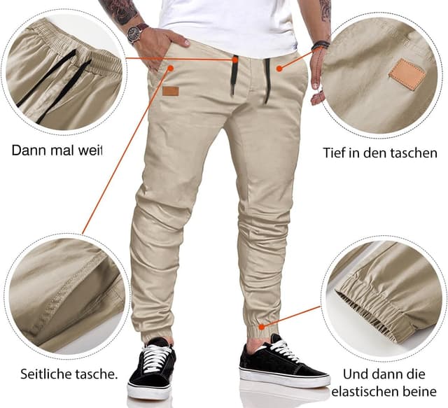 Detalle 2 de JMIERR Herren Cargo-Chino Jogginghose aus Baumwolle mit elastischem Bund und Kordelzug