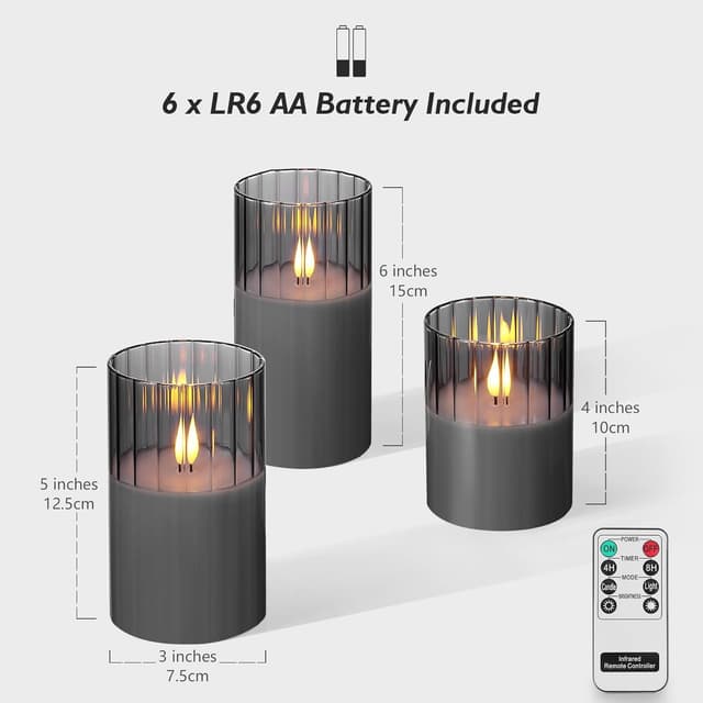 Detalle de Rhytsing Smoked Ribbed Glass Battery Operated LED Candles with Remote Timer Gift Set (Set of 3)