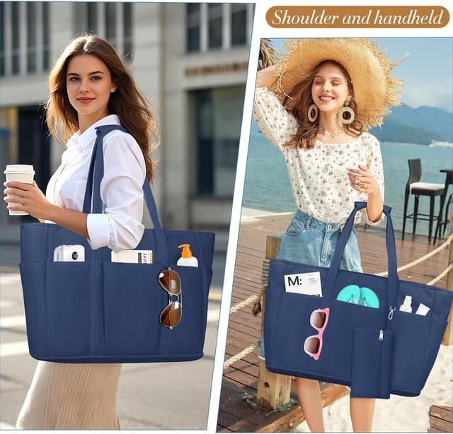 Detalle 2 de JUYANO Cord Handtasche XXL – XXL-Strandtasche mit Reißverschluss, Nassfach und 12 Fächern