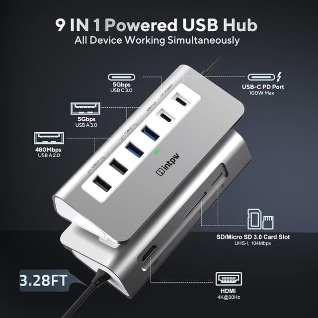 Detalle 2 de INTPW 9-in-1 USB-C Hub (4K HDMI, PD 100W) – aluminium multiport adapter for laptops and iPhone 15/16 series