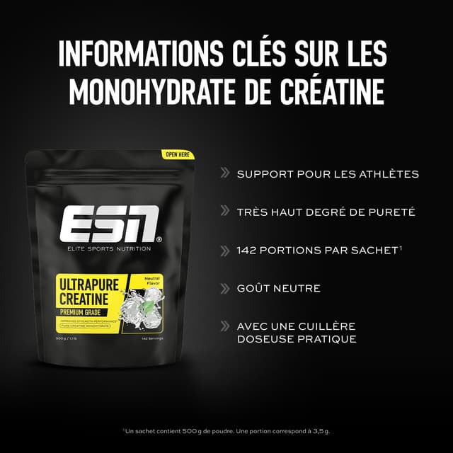 Detalle de ESN Créatine monohydrate ultra pure 500 g (142 portions) – poudre microfine neutre, végétalienne