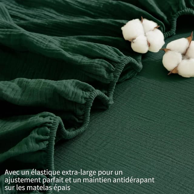 Detalle de YASMENG Drap-housse 180x200 en gaze de coton certifié Oeko-Tex, vert foncé, bonnet 30 cm