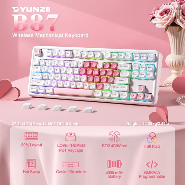 Detalle de YUNZII B87 Drahtlose Mechanische Tastatur (QMK/VIA, Gasket, RGB) – 87 Tasten, BT 5.0/2,4G/USB‑C