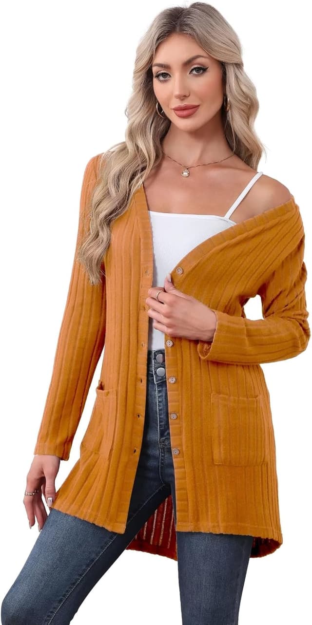 Detalle de YGJIEGENG Women’s Long Sleeve Open-Front Cardigan with Pockets, Ribbed Knit (M–3XL)