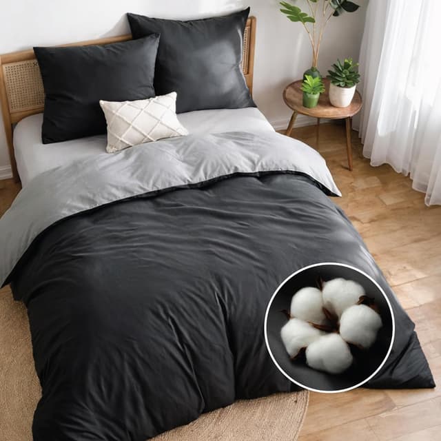 Detalle de Parure Dreamzie en coton 200x200 réversible gris foncé (3 pièces) avec housse de couette bicolore