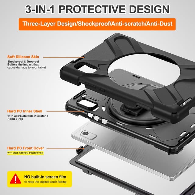 Detalle de Coque BRAECN pour Lenovo Tab M9 9 pouces 2023 (TB-310FU) : étui robuste 3 couches avec support 360° et dragonne, noir