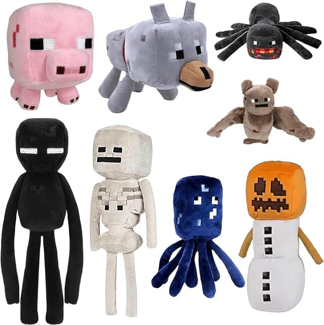 Detalle de XSLWAN 8-Pack Minecraft-Style Plush Set (Snow Golem, Enderman, Baby Wolf, Baby Pig, Spider, Bat, Skeleton Shooter, Squid)
