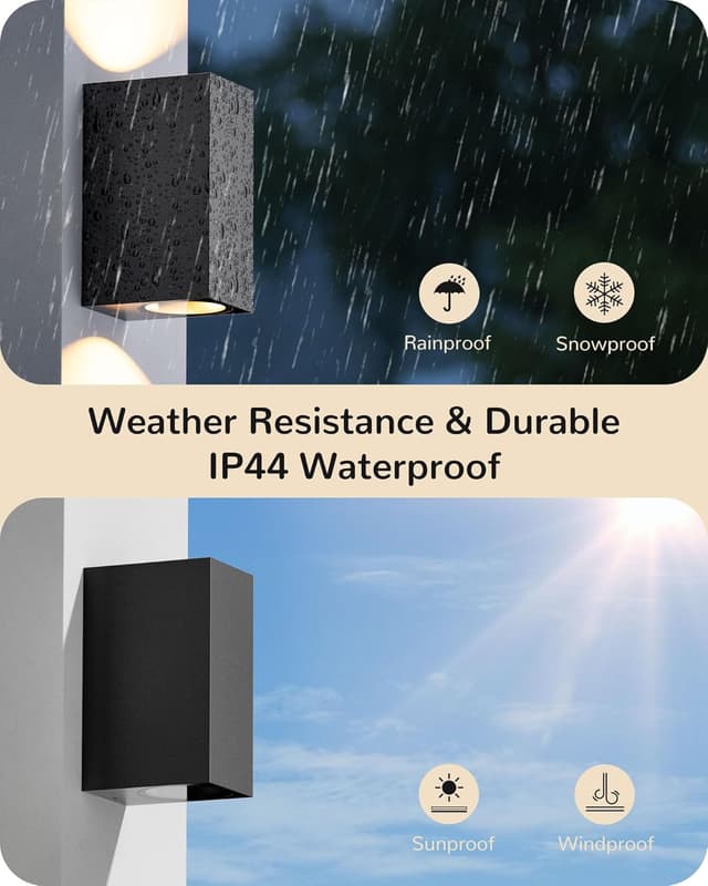 Detalle de EDISHINE Up and Down Outdoor Wall Lights (IP44) in Matte Black, Clear Tempered Glass – 2 Pack