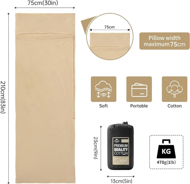 Detalle 2 de Naturehike Drap de sac de couchage de voyage ultraléger en microfibre avec compartiment oreiller (coton, 210 x 75 cm)