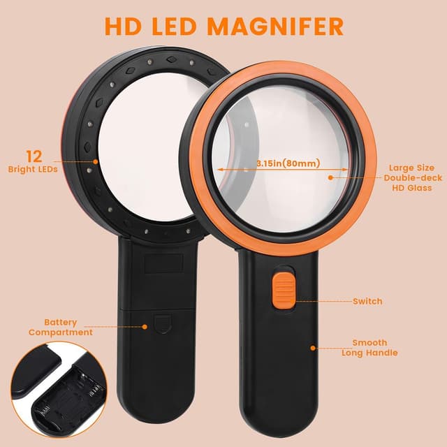 Detalle 2 de AIXPI Lupe mit Licht (12 LED) – 3-fache Doppelglaslinse, Anti-Rutsch-Handlupe schwarz