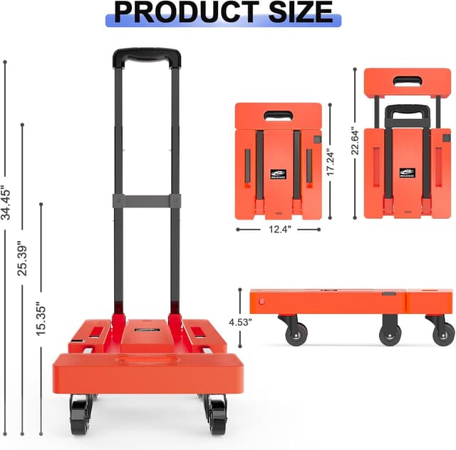 Detalle 2 de SOLEJAZZ Folding Hand Truck (Portable Dolly) 500LB capacity with 6 wheels, 3-height handle, orange