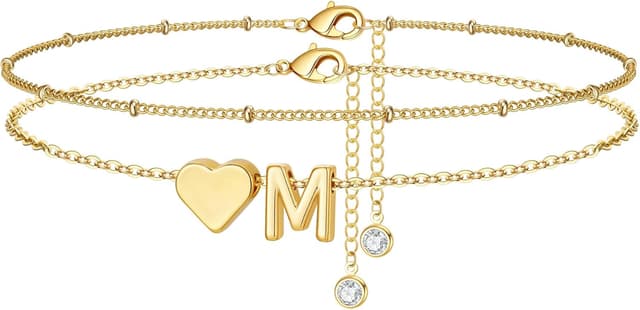 Detalle de TINGN Fußkettchen für Damen mit Herz & Buchstaben, 14K Gold vergoldet, wasserfest