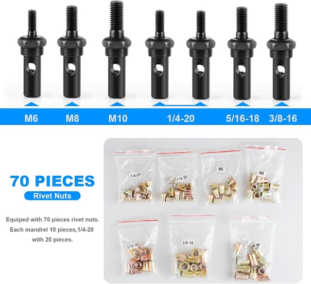 Detalle de WETOLS Rivet Nut Tool Kit (14-Inch) with 7 Metric & SAE Mandrels, 70-Piece Rivnut Assortment