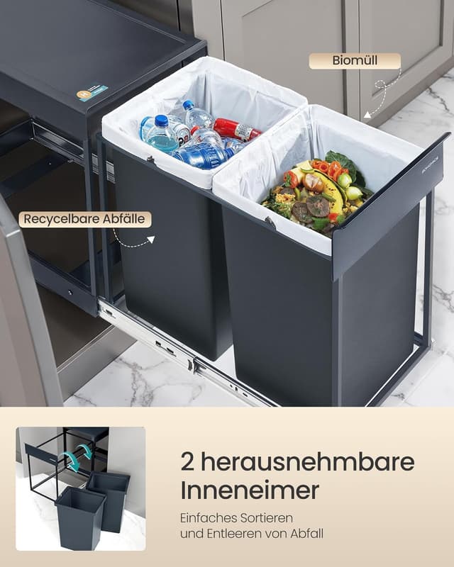 Detalle de SONGMICS LTB951GZ01 Mülleimer Küchenschrank mit Mülltrennsystem, ausziehbar, 2×20 L, grau