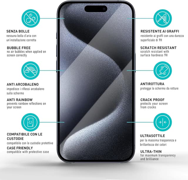 Detalle de smartect Vetro Temperato per iPhone 15 Pro (Full Screen, 2+2 pezzi) con cornice e protezioni fotocamera