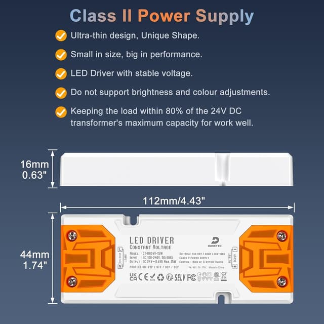 Detalle de DUSKTEC 24V LED Driver 15W (630mA) low-voltage transformer, AC 240V to DC 24V for LED strip lights & MR11/MR16 bulbs