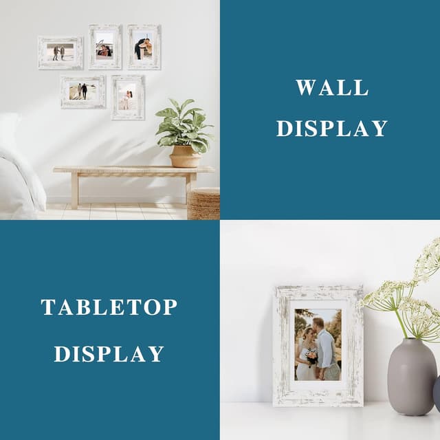 Detalle 2 de Hongkee 5x7 Picture Frame Set of 4 (Real Glass, Distressed White Wooden Frame) for Wall or Tabletop