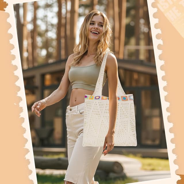 Detalle de Etercycle Crochet Tote Bag – mesh beach bag in colourful lace, boho summer hobo style