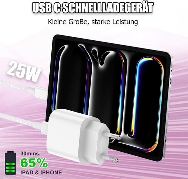 Detalle 2 de 2er-Pack iPad Ladekabel & 25W USB‑C iPad/iPhone Ladegerät (PD 3.0) mit 3M USB‑C Kabel