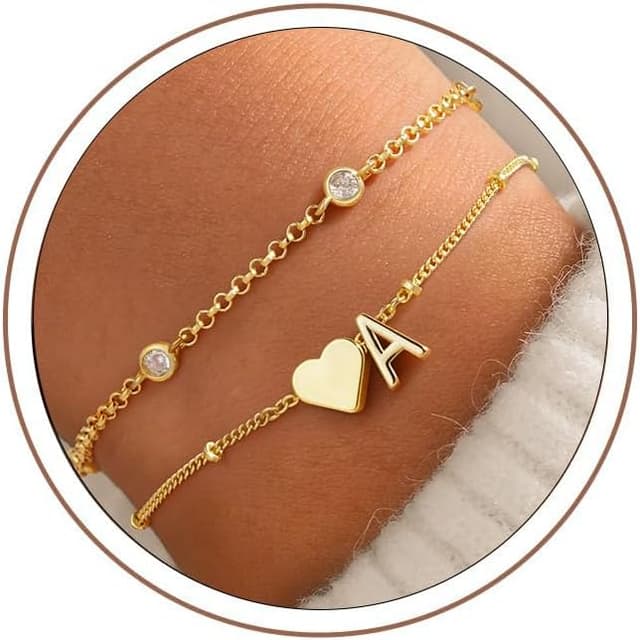 Detalle de Turandoss Bracelet Lettre Initiales pour femme en plaqué or 14 carats (A-Z) – bracelet personnalisé