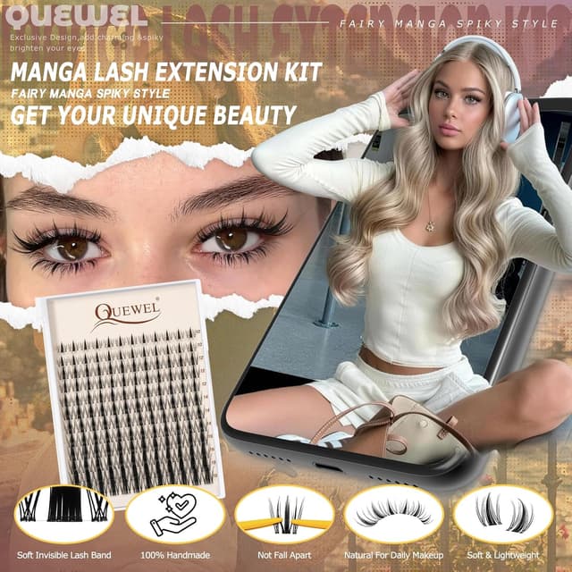 Detalle de QUEWEL Manga-Lashes Cluster-Lashes Set (144 Stück) DIY mit Kleber, Pinzette und Entferner – 10 bis 18 mm