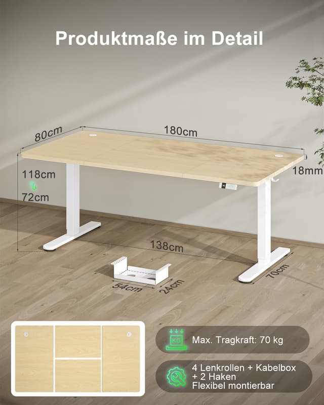 Detalle 2 de Devoko elektrisch höhenverstellbarer Schreibtisch 180x80 cm mit Typ-C Ladeanschluss (Eiche)