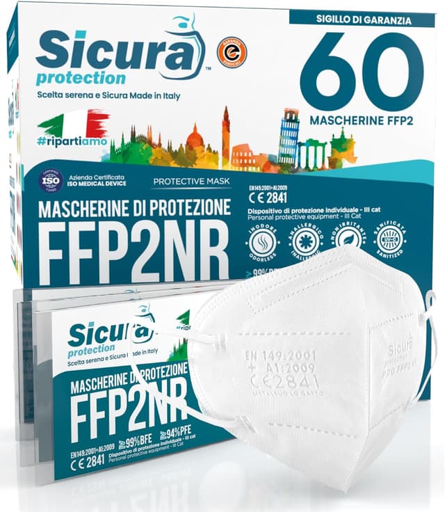 Detalle de Mascherine FFP2 certificate BIANCHE SICURA Protection Made in Italy, confezione da 60 (EN 149:2001+A1:2009) sigillate singolarmente