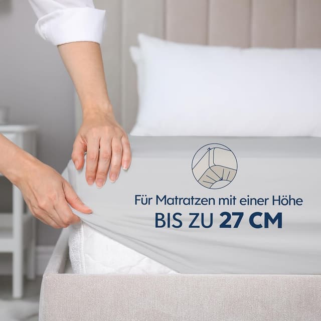 Detalle de Dreamzie Premium Spannbettlaken 180x200 cm (bis 27 cm Matratzenhöhe), Jersey Baumwolle – Grau