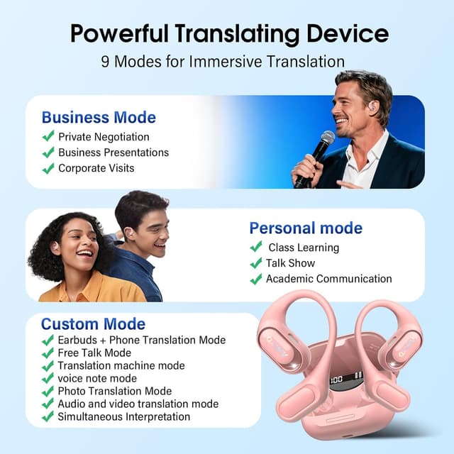 Detalle de QXUFV AI Écouteur Traducteur Instantané — 164 langues, open-ear et modes de traduction