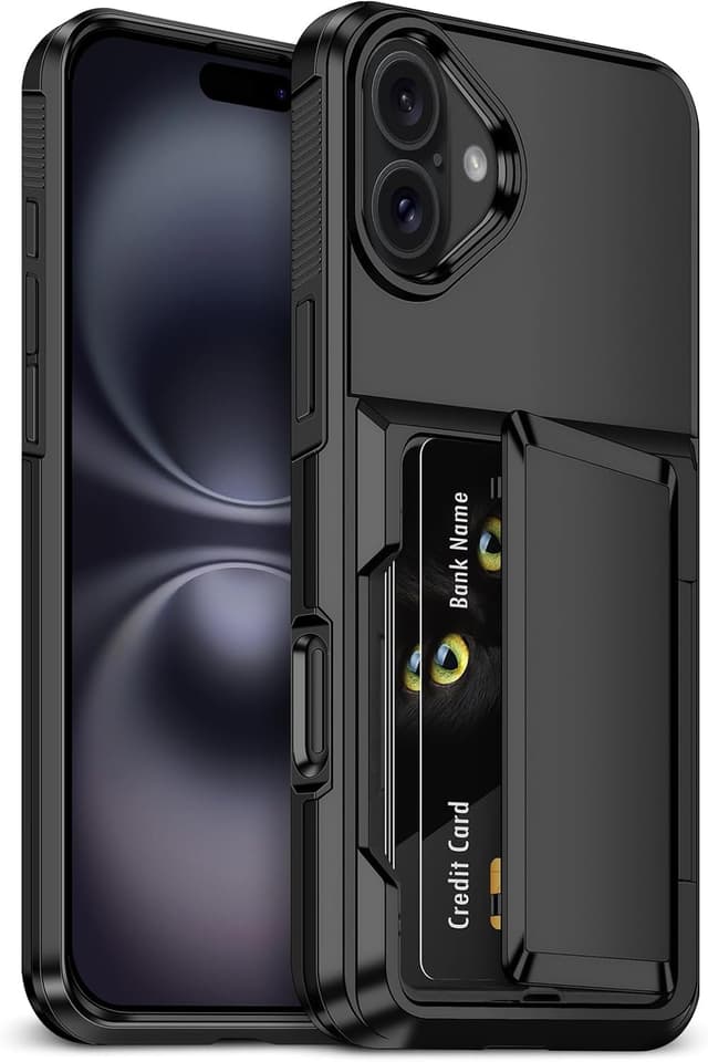 Detalle de Aolcev iPhone 16 Wallet Case with Card Holder (up to 4 cards) – Dual Layer Shockproof in Black