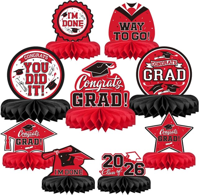 Detalle de 9-Piece Graduation Honeycomb Table Centerpiece Set (Red & Black) for 2026 Congrats Grad