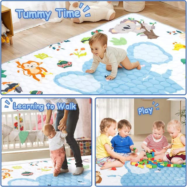 Detalle de Funsland Large Baby Play Mat (200x180cm) – foldable waterproof cotton playpen mat