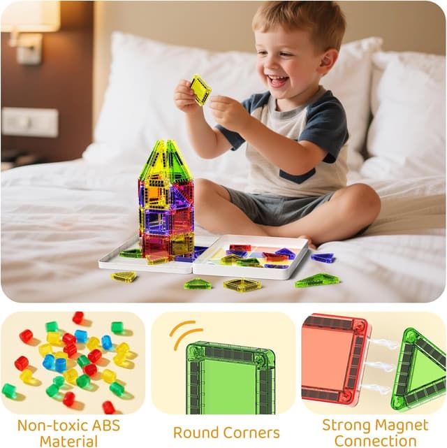Detalle 2 de Magnetic Tiles Construction Set 42pcs in travel metal box – portable magnetic building blocks for ages 3+