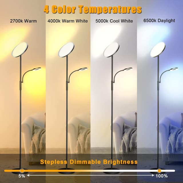 Detalle de LED Uplighter Floor Lamp 42W Dimmable Standing Lamp with Remote & Touch Control (Black)