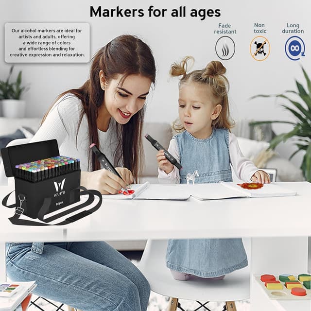 Detalle 2 de WAHYB 84 Dual Tip Alcohol Markers set with free colouring book, storage base & carry bag