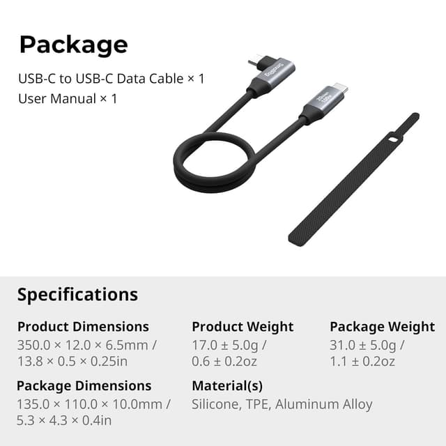 Detalle 2 de SMALLRIG USB‑C auf USB‑C Datenkabel (35 cm, gerade auf abgewinkelt) – 3.2 Gen 2x2, 20 Gbit/s, bis 100 W PD