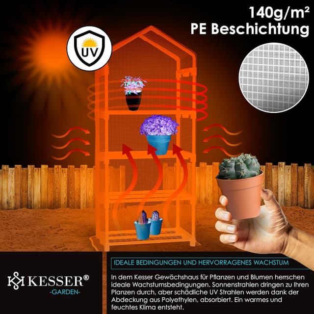 Detalle 2 de KESSER® Premium Foliengewächshaus mit 4 Etagen – 69 x 50 x 158 cm Treibhaus für Anzucht auf Balkon & Garten