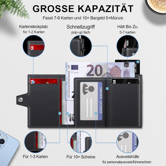 Detalle de Herren-Geldbörse mit Pop-up & RFID-Schutz: Slim Wallet aus 6061-Aluminium (Schwarz)